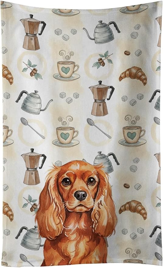 Caroline's Treasures Ruby English Toy Spaniel Coffee Bar Kitchen Towel Velour Plush Front and Cotton Loop Back Machine Washable