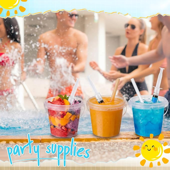 Funnymoom 24 Set Clear Plastic Drink Buckets with Lids Straws Syringes 24 oz Rum Buckets Disposable Party Cups Cocktail Pails with Handles for Outdoor Events, Beach, Pool, BBQ, Birthday Supplies