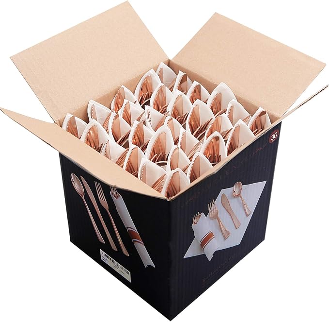 Supernal 30 Pack Pre Rolled Rose Gold Plastic Silverware with Linen Feel Napkin, Heavy Duty Disposable Wrapped Cutlery Set for Bridal Showers, Weddings, Birthdays & 2026 Graduations