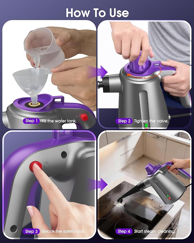 Handheld Steam Cleaner for Home, Pressurized Multi Purpose Steamer for Cleaning Upholstery Bed Furniture Couch Carpet Car with 14 Accessories & Safety Lock, Small Solution Tank for Grease