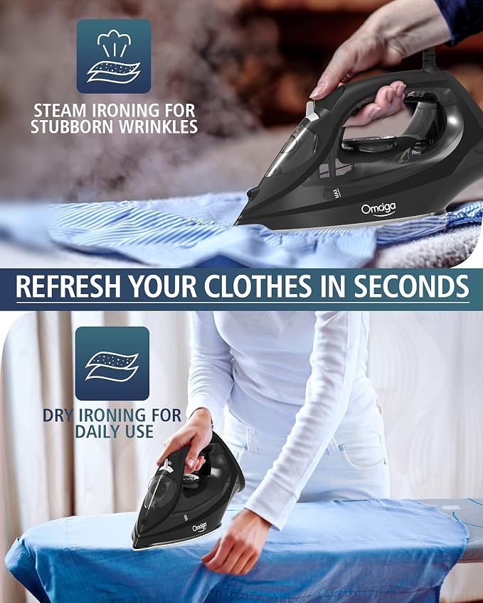 OMAIGA Steam Iron for Clothes, 1500W Iron with Rapid Heating, Non-Stick Ceramic Soleplate, Burst of Steam, Self-Cleaning, Auto-Off, Anti-Drip, 11.84oz Water Tank Ironing Clothes for Home, Black