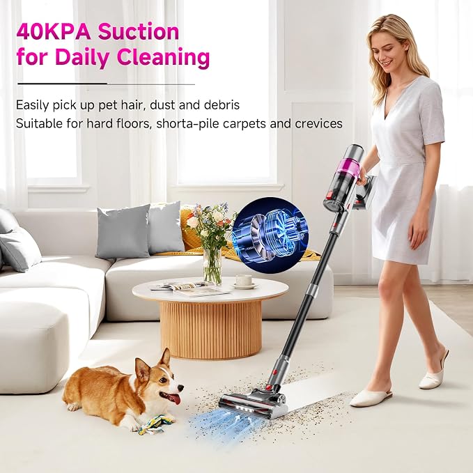 Cordless Vacuum Cleaner: Portable 6-in-1 Stick Vacuum with Anti-Tangle Brush, LED Headlight, Self-Standing, HD Display-Purple