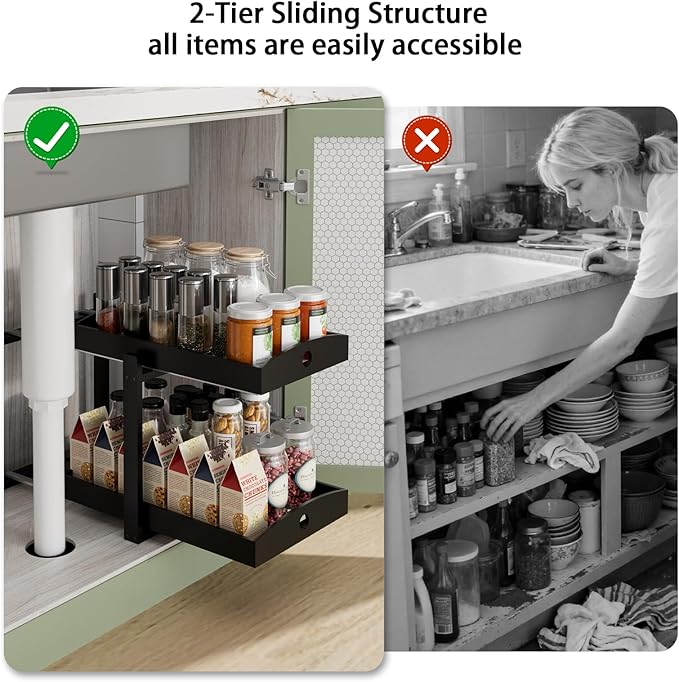 APRTAT 2 Pack Under Sink Organizer, Bamboo Wooden 2-Tier Pull-Out Storage with Sliding Drawers for Kitchen and Bathroom Cabinets, Easy Installation (Black)