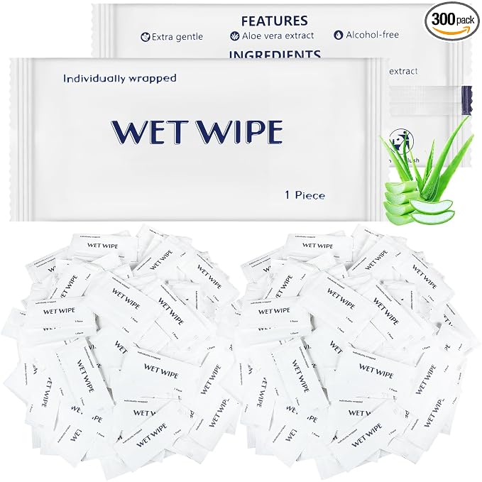 Timgle 300 Pack Individually Wrapped Wet Wipes Bulk Travel Size Unscented Hand Wipes Packets, Wet Napkins Clean Hands Quickly for Travel Homeless Restaurant Barbecue Wedding(White)