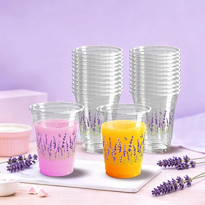 100 Pack Lavender Plastic Cups 12 oz Purple Floral Spring Summer Flower Disposable Cup Wildflowers Drinking Cold Beverage Cup for Summer Party Supplies