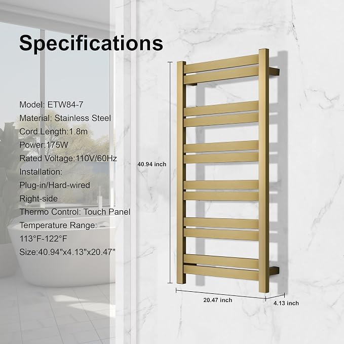 Electric Towel Warmer - Wall Mounted Bathroom Heated Towel Rack, Plug-in Design & Brushed Stainless Steel Finish Gold