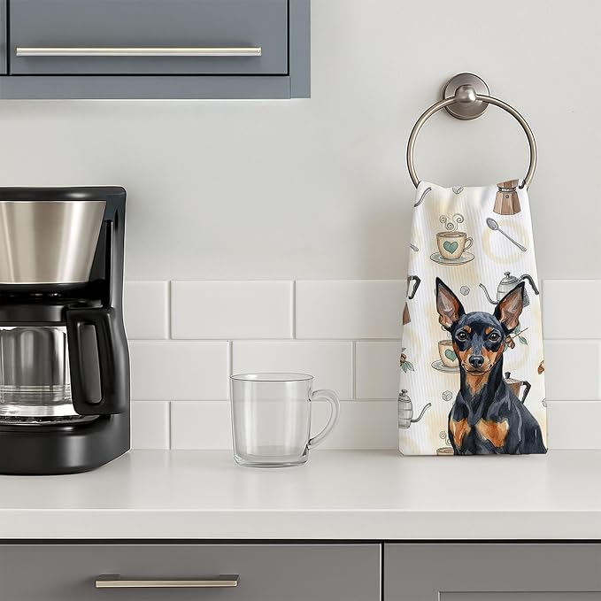 Caroline's Treasures Black and Tan Miniature Pinscher Coffee Bar Kitchen Towel Velour Plush Front and Cotton Loop Back Machine Washable