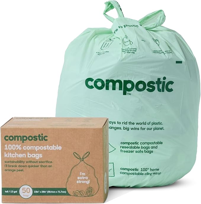Compostic Compostable Trash Bags, 13 Gallon Tall Kitchen (50 Count) Starter Pack — Extra Strong, Home Compostable, Plant-Based, Non-Toxic, Unscented Garbage Bags