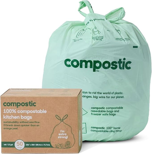 Compostic Compostable Trash Bags, 13 Gallon Tall Kitchen (50 Count) Starter Pack — Extra Strong, Home Compostable, Plant-Based, Non-Toxic, Unscented Garbage Bags