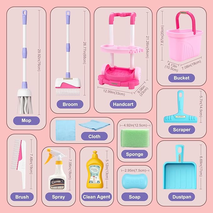 Toddler Cleaning Set, Kids Cleaning Carts Toy Set, Detachable Kids Mop Broom Set for Toddlers - Pretend Play Educational Toy (Pink)
