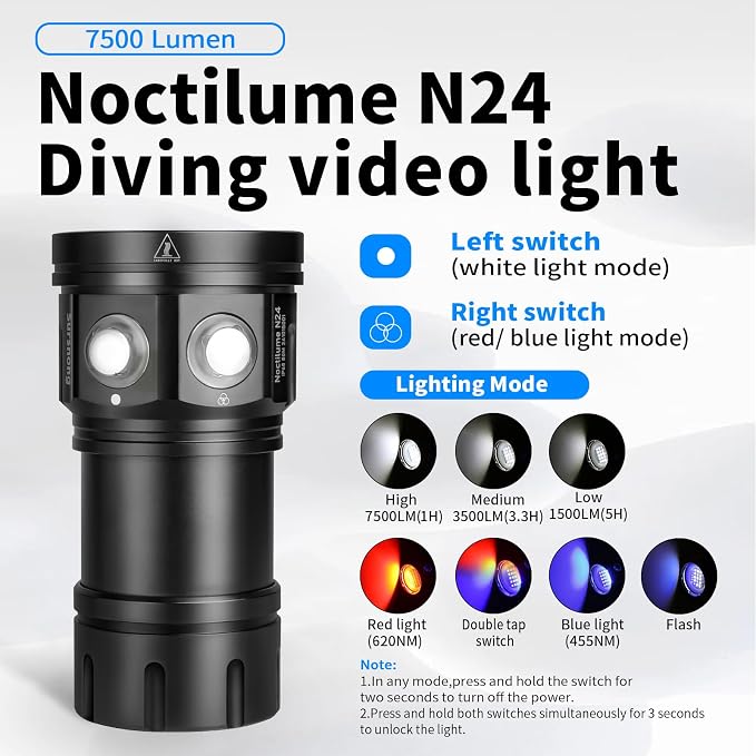 Noctilume N24 7500 Lumens Dive Light - Professional Underwater Video Light with 90 CRI, 6500K White Light, for Scuba Diving/Underwater Photography/Videography (IP68 Waterproof, 80m Depth)