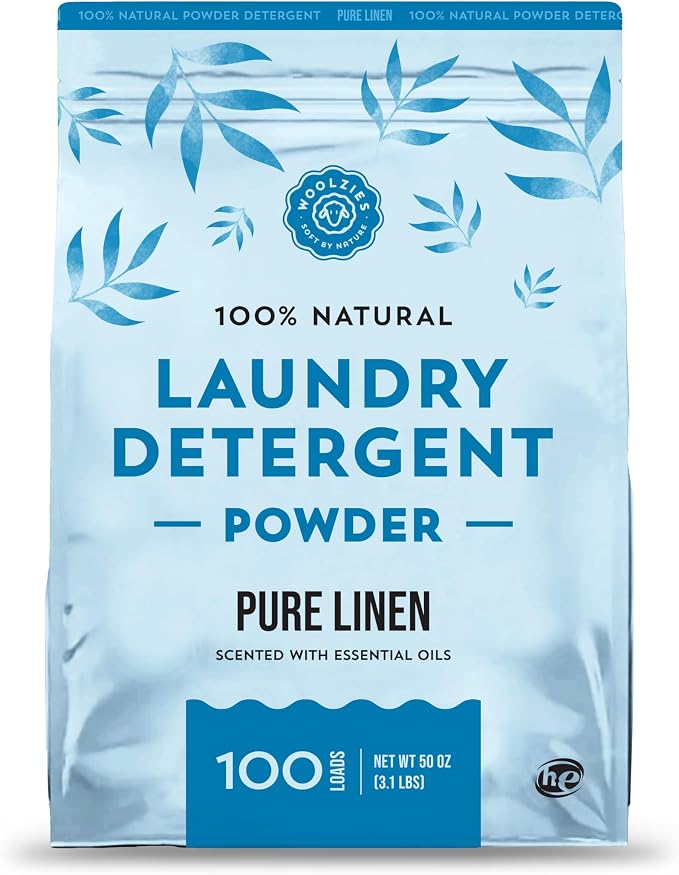 Woolzies Natural Laundry Powder Detergent Soap Scented with Pure Essential Oils Extra Strength Biodegradable Formula, Safe for Sensitive Skin 100 Loads. (Pure Linen)
