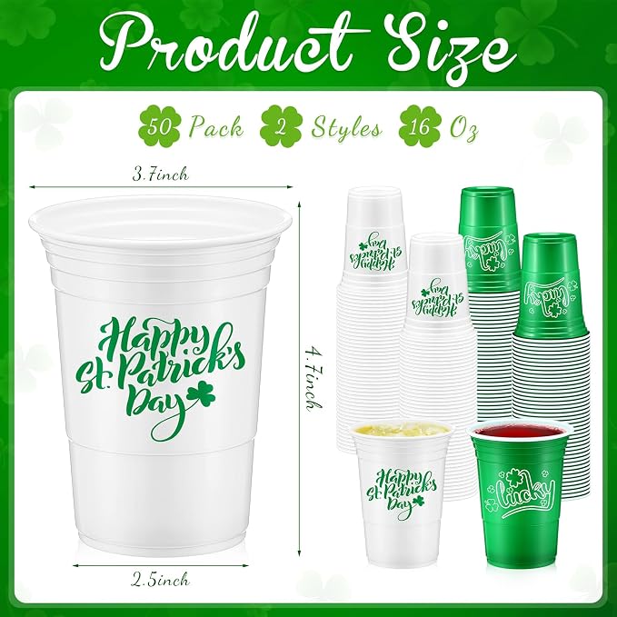 Pickmesh 50 Pcs St Patricks Day Plastic Cups 16oz Lucky Shamrock Design Disposable Cups for Lucky Party Supply St Patrick's Day Cups for Hot Cold Drinks Coffee Juice Beer Candy Snacks