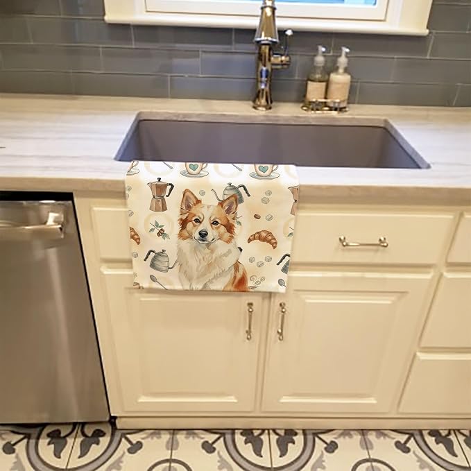 Caroline's Treasures Tan Icelandic Sheepdog Coffee Bar Kitchen Towel Velour Plush Front and Cotton Loop Back Machine Washable