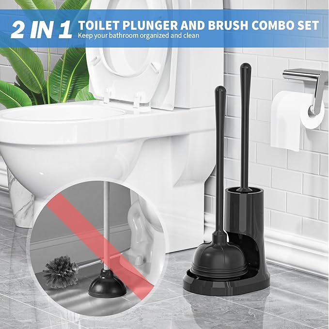 Toilet Plunger and Brush,2 Pack Bowl Brush and Heavy Duty Toilet Plunger Set with Holder, 2-in-1 Bathroom Cleaning Combo with Modern Caddy Stand for 5.7-inch Toilet Drain Bathroom Cleaning