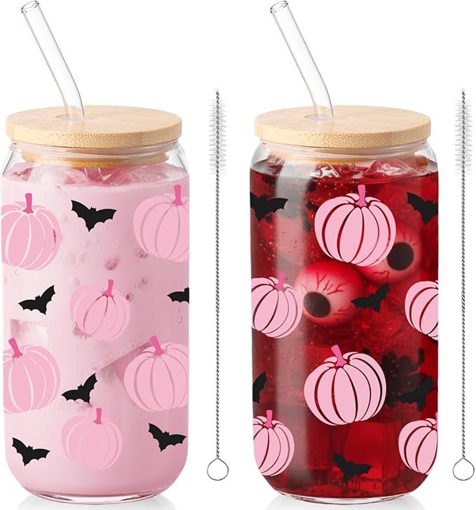 Sliner 2 Pcs Halloween Glass Cups Pink Pumpkin Bat Drinking Tumbler Fall Thanksgiving Gifts 16 oz Cute Iced Coffee Cup with Lid Straw Cleaning Brush for Autumn Home Office Holiday Decorations