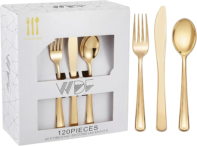 WDF 120 Pieces Gold Plastic Silverware - Disposable Flatware Set - Heavy Duty Plastic Cutlery - Silverware Includes 40 Forks, 40 Spoons, 40 Knives for Party Birthday Baby Shower Wedding Spring