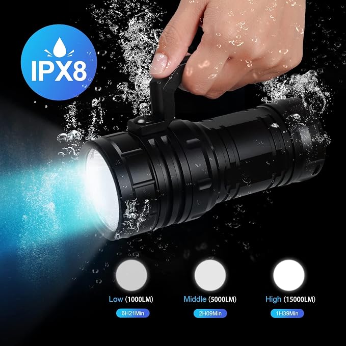 Wurkkos DL06 Dive Light, 15000 Lumens Scuba Diving Light, Type-C Rechargeable, 6*XHP50 LEDs, 100 Degrees Narrow Beam Angle, IPX8 Waterproof Flashlight for Night Diving Cave Exploration - 5000K