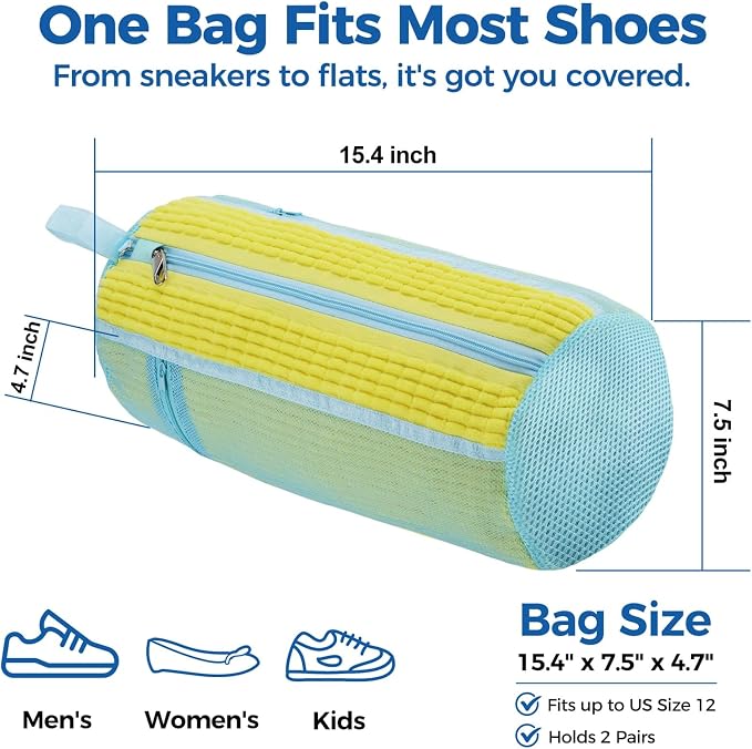 Shoe Washing Machine Bag 2 Pack, Laundry Shoe Bags with Insole Pocket, Reusable Shoe Cleaning Bags for Washer and Dryer, Protective 360° Deep Clean for Sneakers Tennis All Shoes Types（Yellow）