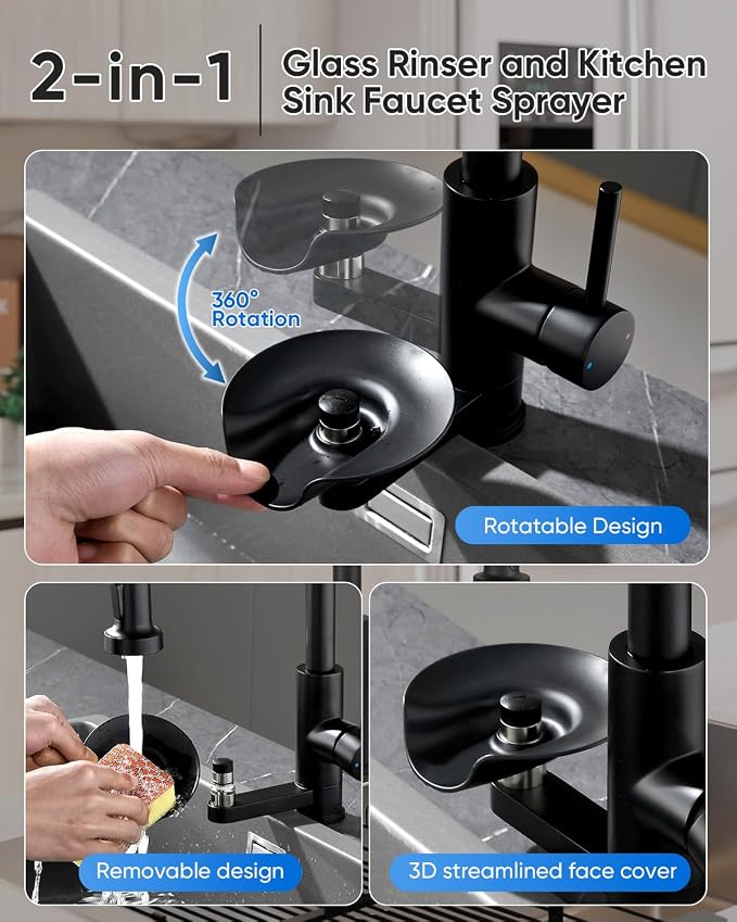 Kitchen Faucet with Cup Washer Pull Down Sprayer Stainless Steel Kitchen Sink Faucet with Deck Plate Glass Rinser Single Hole Black 3307R