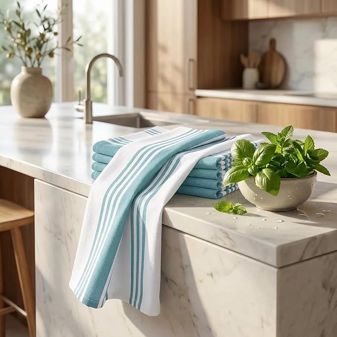 Urban Villa Kitchen Towels 100% Cotton Dish Towels for Kitchen (Set of 6) 20”x30” Dish Cloths Highly Absorbent Kitchen Linen Set with Hanging Loop Perfect for Drying Dishes Cleaning Towels-Aqua White