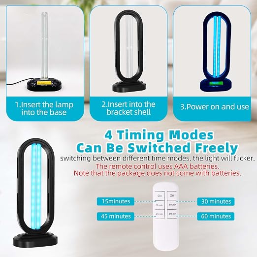 Feefir UV Light Sanitizer,4-Speed Timing and Remote Control | UVC Home Disinfection Device,Ultraviolet Light Sanitizer for Dust Mites,UV Lamp for Whole Room,Black