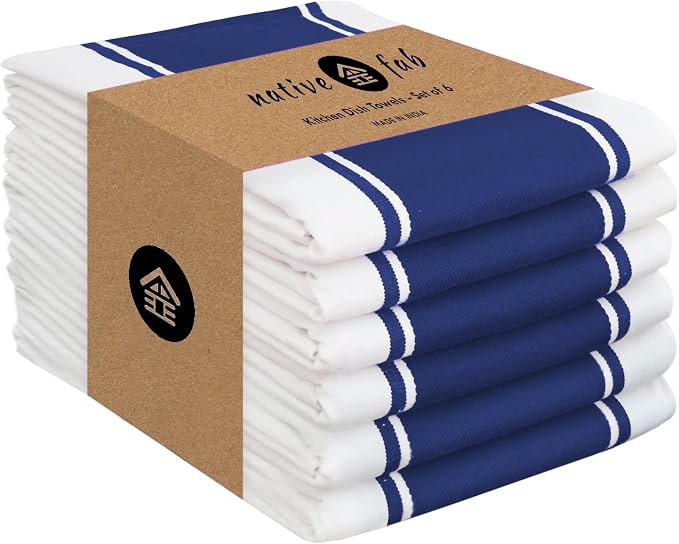 Native Fab Kitchen Dish Towels 18x28 Inch, Set of 6, Wide Stripe, Super Absorbent, Fast Dry, Soft, 100% Cotton Towels for Wiping Hands, Drying Dishes, Cleaning Spills Dish Cloths Set - Ink Blue