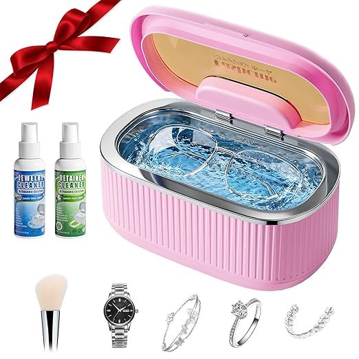 Ultrasonic Jewelry Cleaner Machine with 2×100ml Cleaning Solution, 45kHz Sonic Cleaner for Rings, Glasses & Watch Band, 550ML Stainless Steel Tank, 5 Timer, 3 Power Levels, Degas Mode-Pink