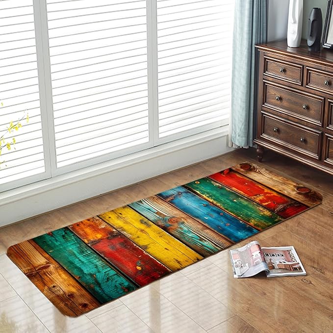 WODEJIA Non Slip Bath Rugs Sponge Foam for Bathroom,Flannel Mat Rug for Living Room, Absorbent MatS for Forlaundry Room and Kitchen, Colored Wooden Board Pattern Welcome Mat 47x18 Inches