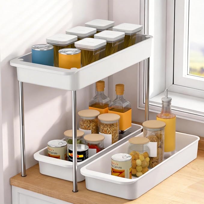 2-Tier Under Sink Organizer with Smooth Rolling Wheels, Pull-Out Bottom Storage Drawer with Easy-Lift Handle, Metal & Plastic Sliding Cabinet Organizer for Kitchen & Bathroom, White, 2 Pack