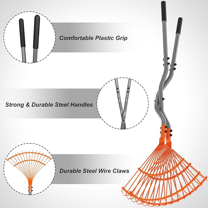 Leaf Grabber Rake with Long Handles, Leaf Collector Pickup Rake for Yard Cleanup, No Bending Garden Rake for Leaves, Grass Clippings, Pine Needles and Lawn Debris
