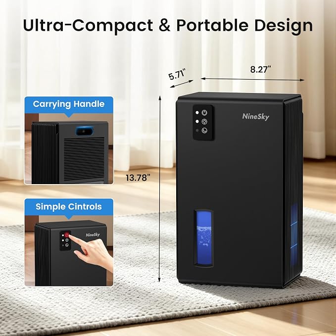 NineSky Dehumidifiers for Home, 1000 Sq.Ft Dehumidifier with 95oz Water Tank, Quiet Dehumidifier for Basement Bathroom Bedroom with 7-Color Ambient Light & Auto Shut Off, Black