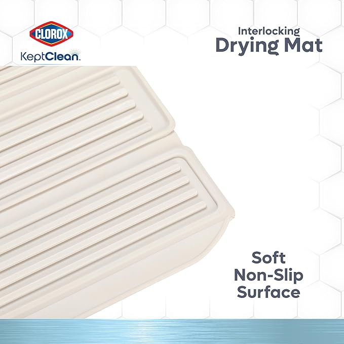CLOROX KeptClean Interlocking Non-Slip Dish Drying Mat – Flexible, Foldable, Durable, Quick-Dry Mat, Interlocking Panels for Various Drying Elevations, Folds Compact for Storage - Almond Cream
