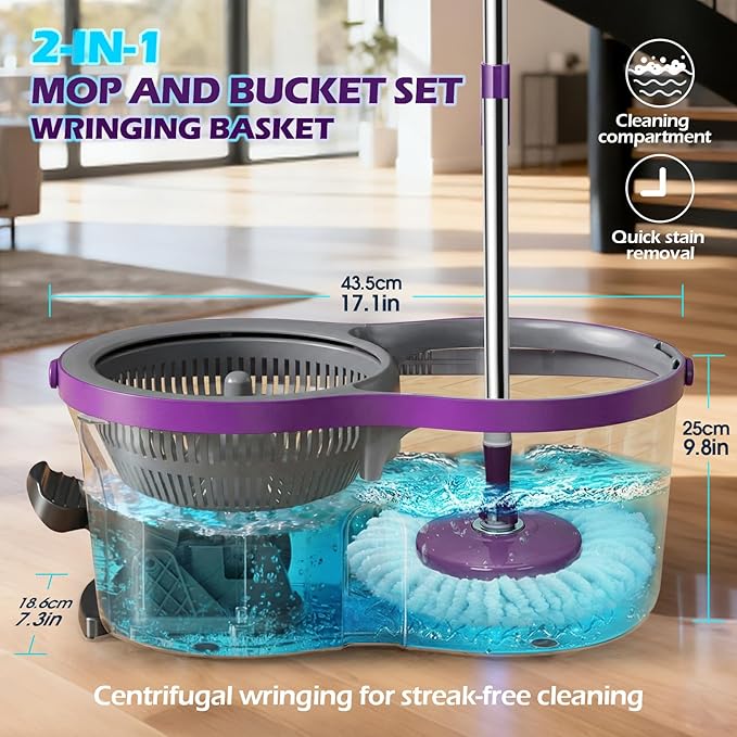 Spin Mop and Bucket with Wringer Set,Masthome 360°Spinning Bucket System with 3 Reusable Pads,EasyWring Microfiber Mop and Buckets for Floor Cleaning, Wet Dry Floor Mop for Home & Office
