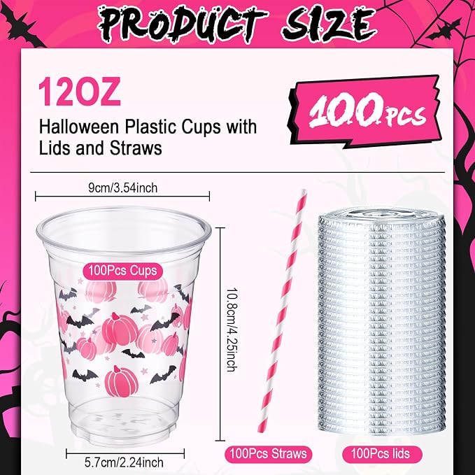 Yaomiao 300 Pcs 12 oz Halloween Plastic Cups with Lids and Straw Halloween Plastic Cup Disposable Clear Tumbler Whiskey Tumbler Pink Pumpkin Ghost Bat Witch Drinking Set for Party Supply