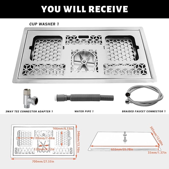 Glass Rinser, Stainless Automatic Glass Cup Washer Drain and Drip Tray,Stainless Steel Bar Glass Rinser for Home Kitchen Hotel Cafe Restaurant (37.56x14.17 Inch-silver)