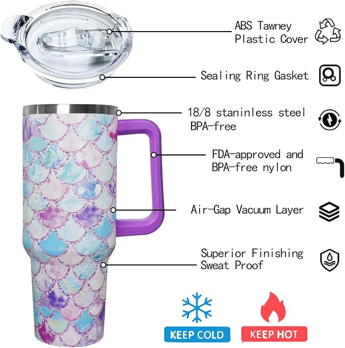 Ceovfoi 40 Oz Mermaid Double Wall Vacuum Stainless Steel Tumbler with Handle Lid and Straw,Watercolor Ocean Cup,Water Bottle,Travel Coffee Mug,Hawaiian Mermaid Decor,Accessories