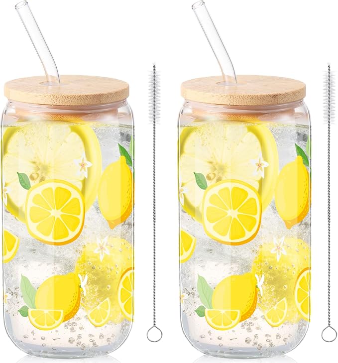 Sliner 2 Pcs Lemon Glass Cups Summer Drinking Tumbler 16 oz Iced Coffee Cup with Lid Straw Cleaning Brush Cute Beer Can Tumbler Holiday Gifts for Spring Summer Home Office Decorations