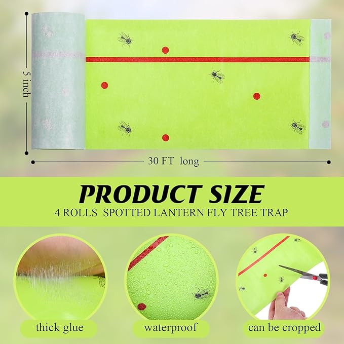 Qualirey 4 Rolls Spotted Lantern Fly Traps 30 Feet Each Roll Fly Tree Trap Sticky Strips Outdoor Fruit Glue Strips Disposable Tape Indoor Paper Sheets for Protecting Trees (Green)