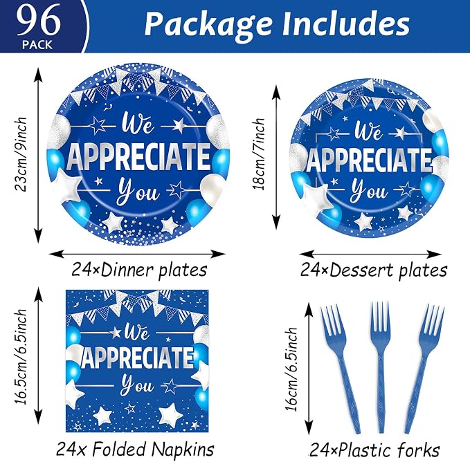 96pcs Blue Silver We Appreciate You Plates and Napkins Set for Thanksgiving Party Decorations Thank You Dinnerware Tableware for 24 Guests Employee Teacher Graduate Pastor Appreciation Party Supplies