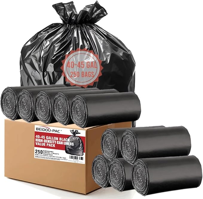 BEIDOU-PAC 40-45 Gallon Lawn & Leaf Trash Bags, 250 Count Bulk, Black Garbage bags, Multi-purpose Trash Can Bin Liners for Home Commercial, Outdoor, Construction, Industrial