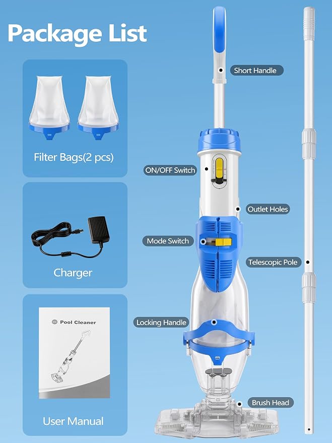 LanOcean Cordless Pool Vacuum for Inground Pool, Flow Adjustable, Transparent Brush Head–Visible Cleaning, 1140GPH Powerful Suction Handheld Pool Vacuum for Above Ground Pool, 70Mins Runtime-Blue