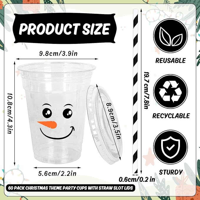 FYSUIMU 100Pcs 12Oz Snowman Plastic Cups with Lids and Straws Christmas Winter Disposable Cup Cute Snowman Face Cold Beverage Drinking Cups for Winter Xmas Party Supplies