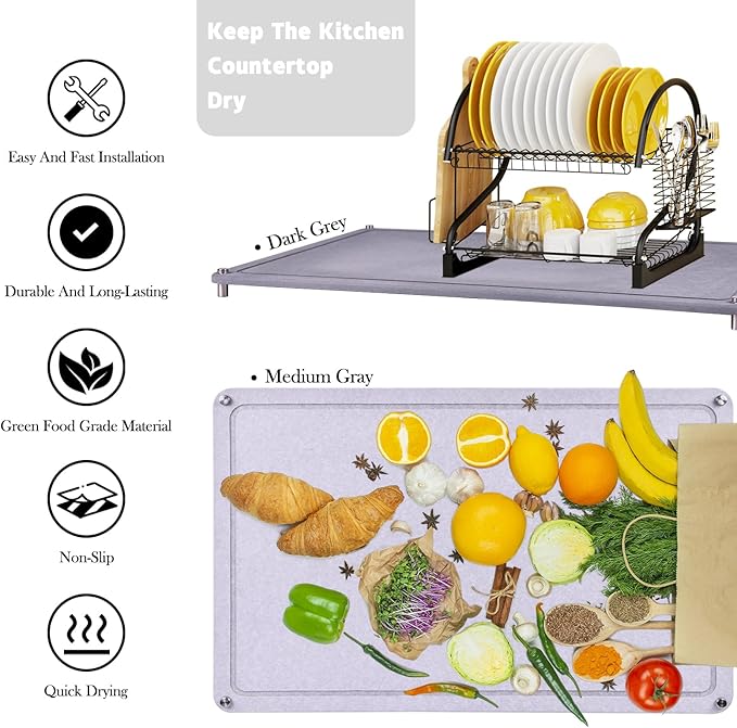 Large Diatomaceous Earth Stone Dish Drying Mats for Kitchen Counter,24"×16",Quick Drying,with 4 Non-Slip Stainless Steel Feet, Suitable for Various Countertops, Bowl Racks, Dark Grey