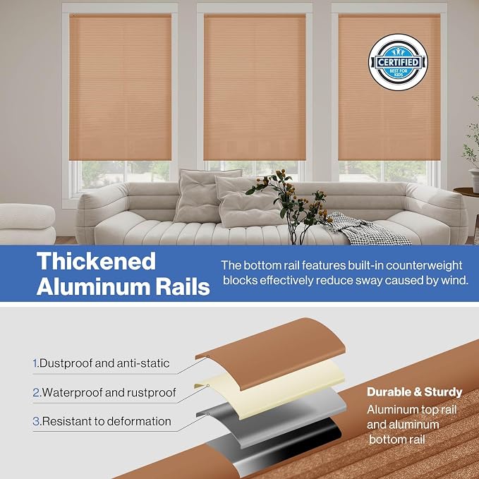 No Drill Cellular Shades, Dark Orange Custom Size Cordless Light Filtering Pull Down Pleated Honeycomb Blind Thermal Insulated Easy Install for Indoor Window Bedroom Living Room Kitchen Door