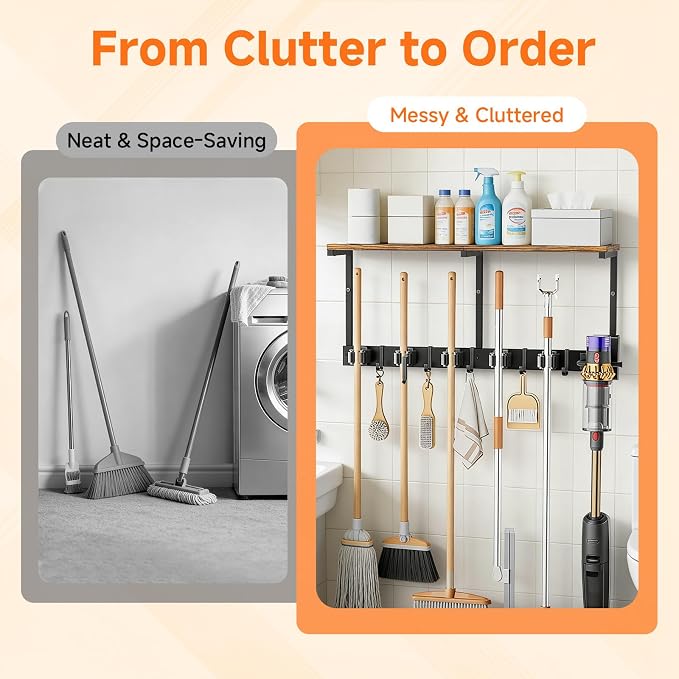 3 in 1Broom Holder Wall Mount,Laundry Room Organization and Storage Shelves with 5 Mop Hanger Rack Gripper Hooks,Utility Shelf Closet Organizer for Garage, Garden,Kitchen,Closet