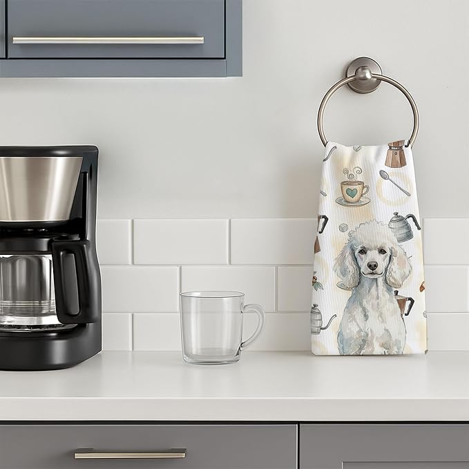 Caroline's Treasures Standard White Poodle Coffee Bar Kitchen Towel Velour Plush Front and Cotton Loop Back Machine Washable
