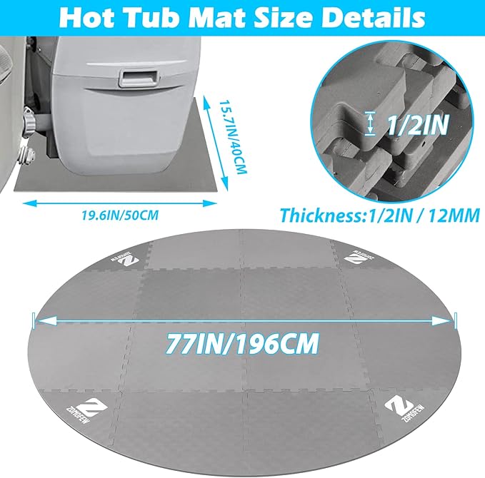 Hot Tub Mat for Inflatable Tub, 77IN Hot Tub Pad Foundation, Upgraded Thickened Eva Foam Padding for Outdoor Hot Tubs | Interlocking Patio Tiles Outdoor (1/2" Thickness)