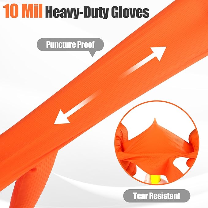 TREEGO Orange Nitrile Gloves 10 Mil Heavy Duty Disposable Latex Free Gloves – Extra Thick Diamond Grip Mechanic Gloves for Heavy Work, XL, 1000 Count Case