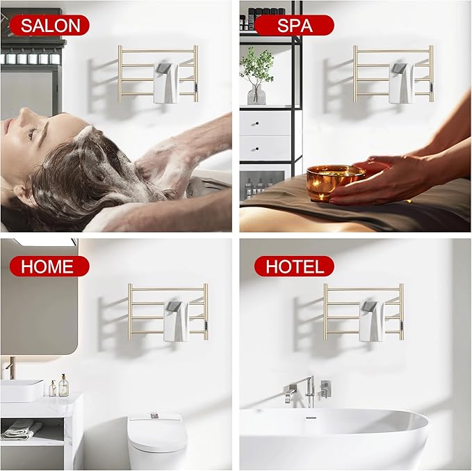 Heated Towel Racks for Bathroom, Wall Mounted Electric Towel Warmer Racks with Timer & Temperature Control,Heater for Bathroom, Brushed (Round-Brushed Gold, 4 Bars)